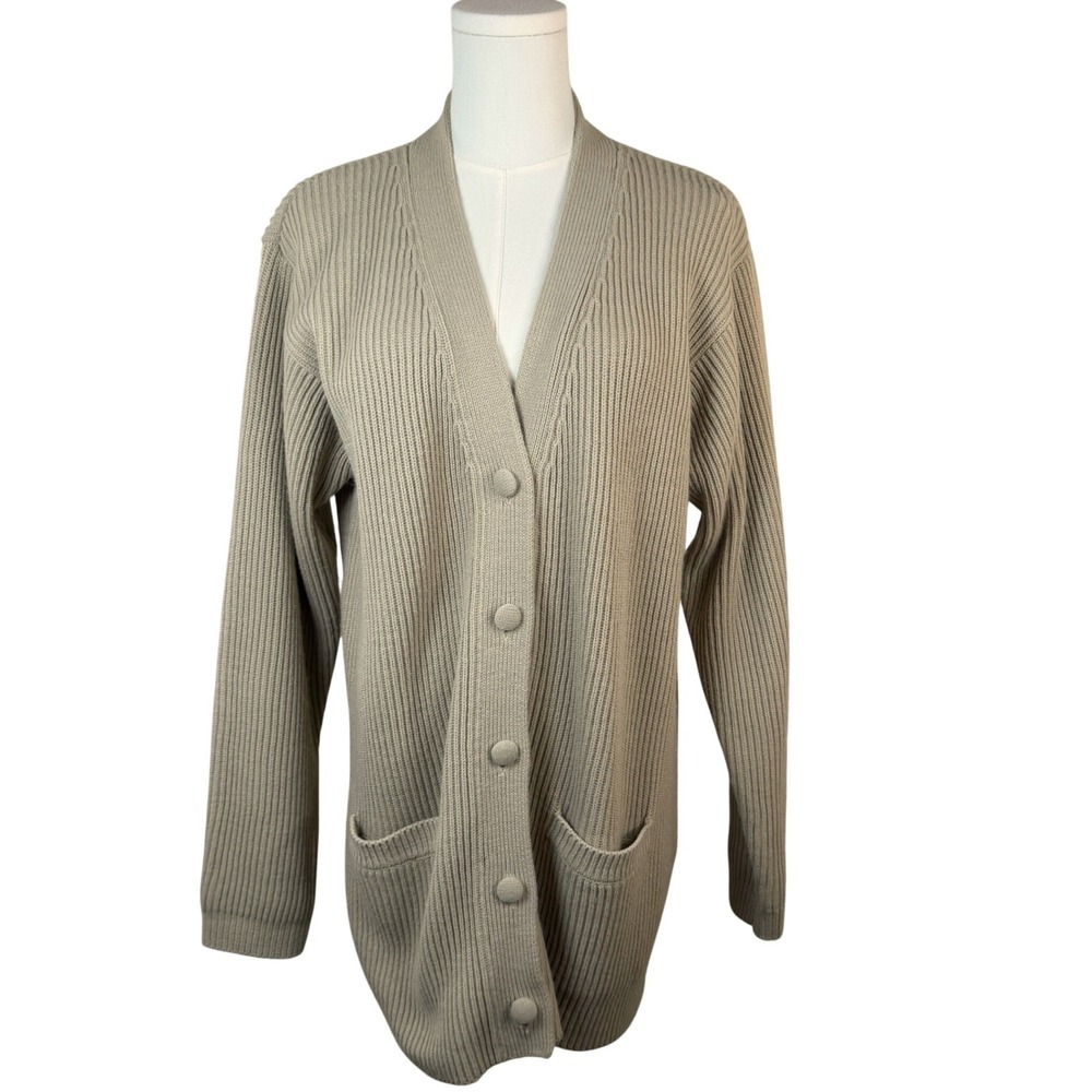 Yarnworks Women's Medium Ribbed V-Neck Button Cardigan Sweater Taupe Tan Pocket
